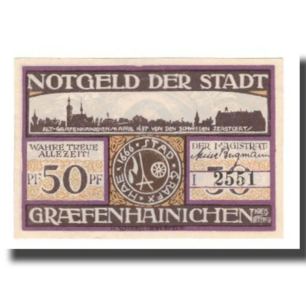 Geldschein, Deutschland, Grafenhainichen Stadt, 50 Pfennig, personnage 1, 1921