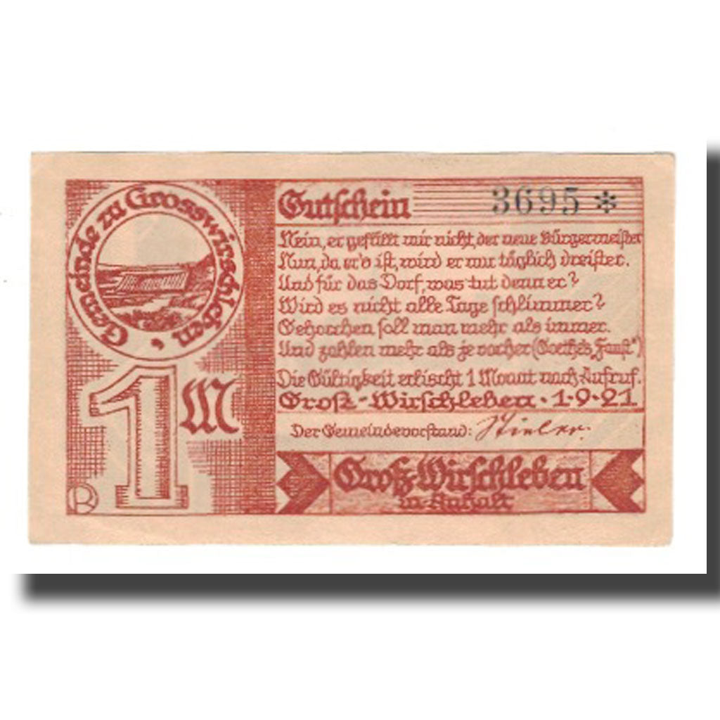 Geldschein, Deutschland, Groß-Wirschleben Gemeinde, 1 Mark, paysage 1, 1921