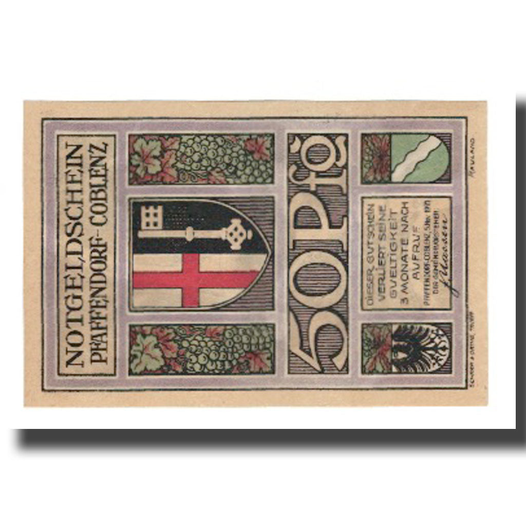 Geldschein, Deutschland, Pfaffendorf bei Coblenz Gemeinde, 50 Pfennig, carte