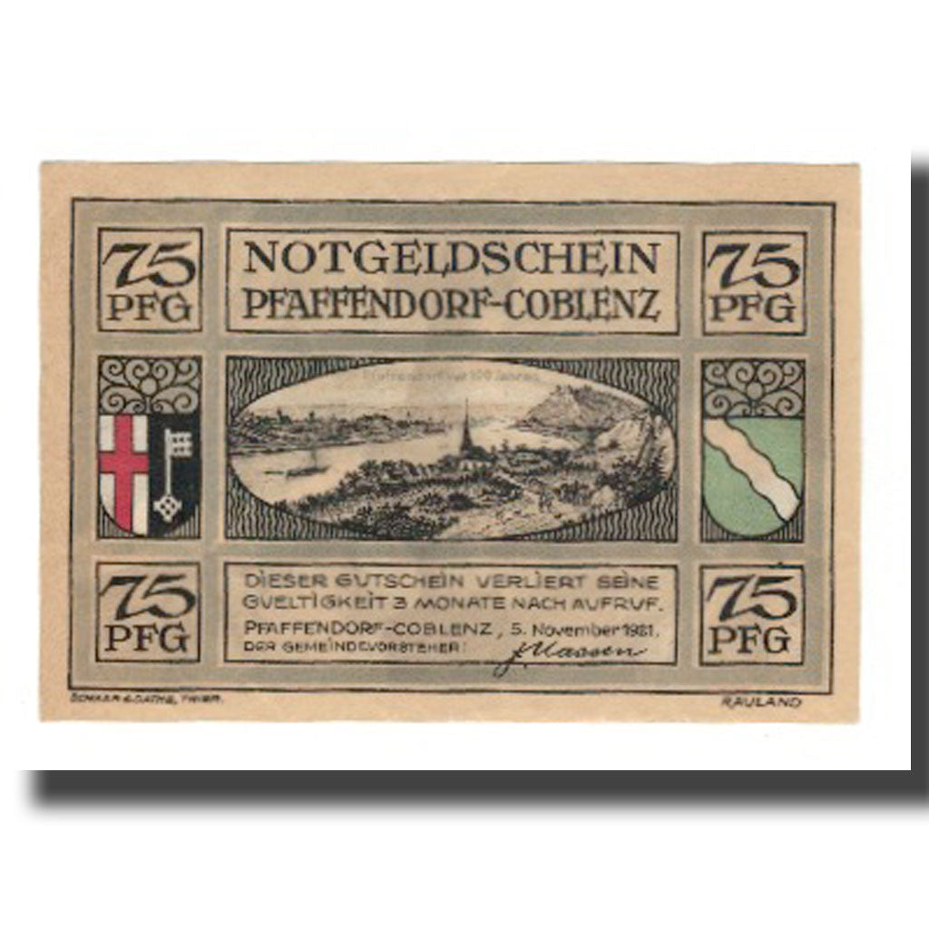Geldschein, Deutschland, Pfaffendorf bei Coblenz Gemeinde, 75 Pfennig, carte 1