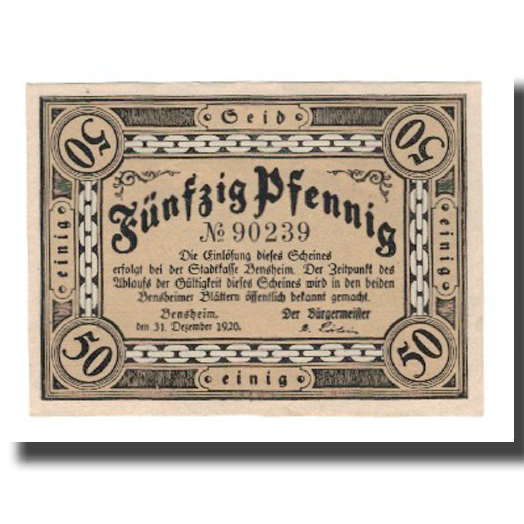 Geldschein, Deutschland, Bensheim Stadt, 50 Pfennig, personnage, 1920