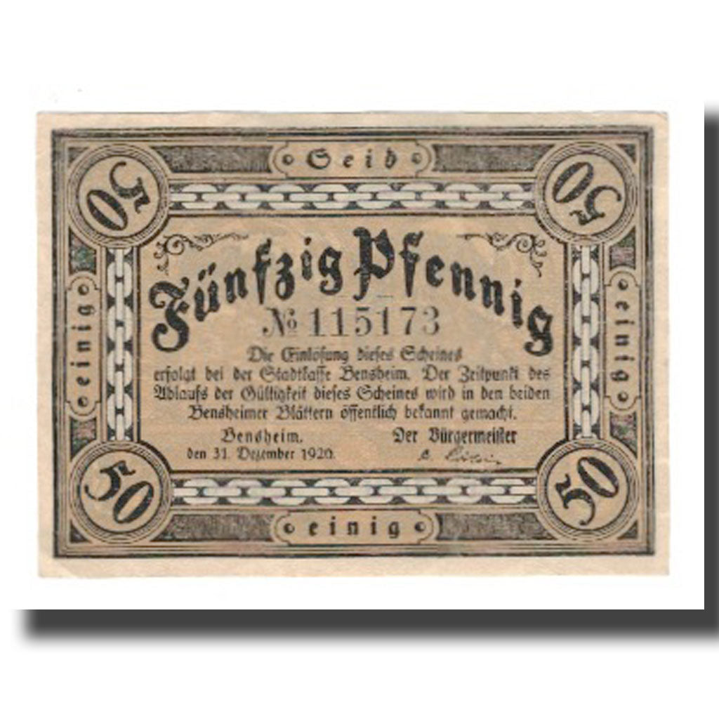 Geldschein, Deutschland, Bensheim Stadt, 50 Pfennig, personnage 1, 1920