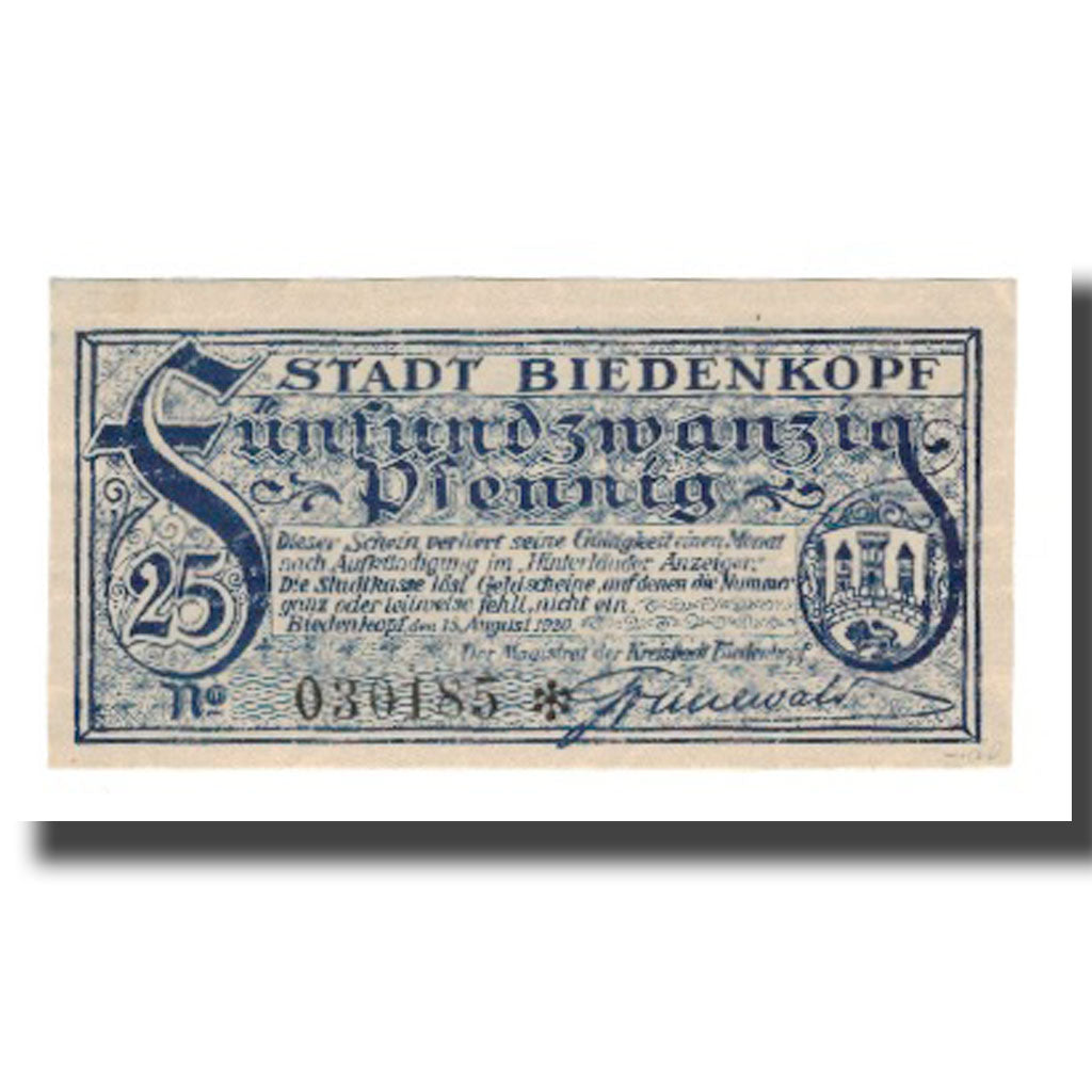 Geldschein, Deutschland, Biedenkopf Stadt, 25 Pfennig, Blason, VZ, Mehl:B43.2