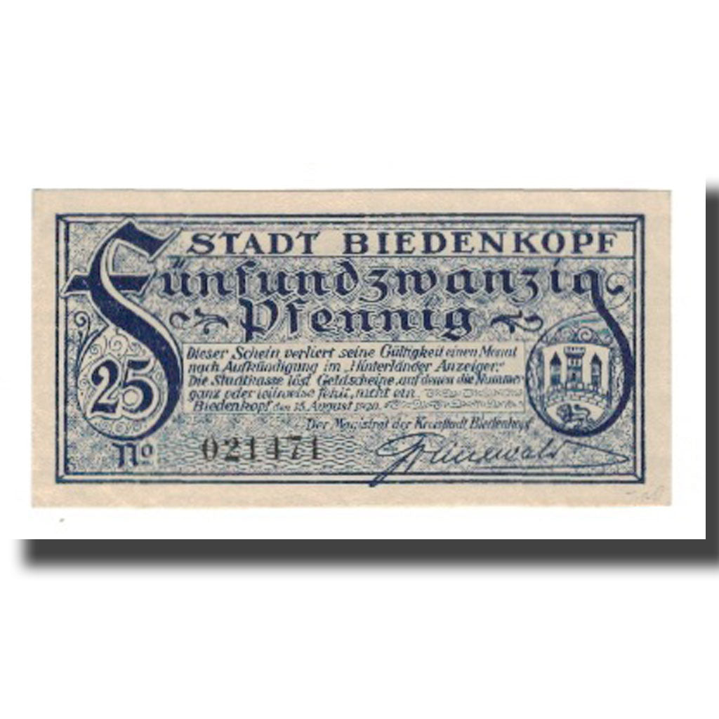 Geldschein, Deutschland, Biedenkopf Stadt, 25 Pfennig, Blason 1, VZ, Mehl:B43.2