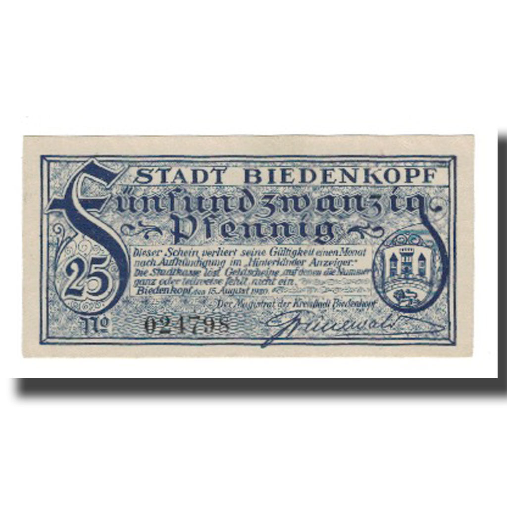 Geldschein, Deutschland, Biedenkopf Stadt, 25 Pfennig, Blason 2, VZ, Mehl:B43.2
