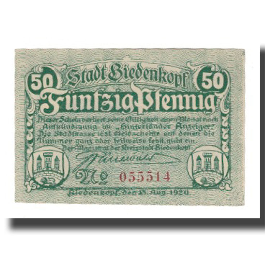 Geldschein, Deutschland, Biedenkopf Stadt, 50 Pfennig, paysage, VZ, Mehl:B43.1