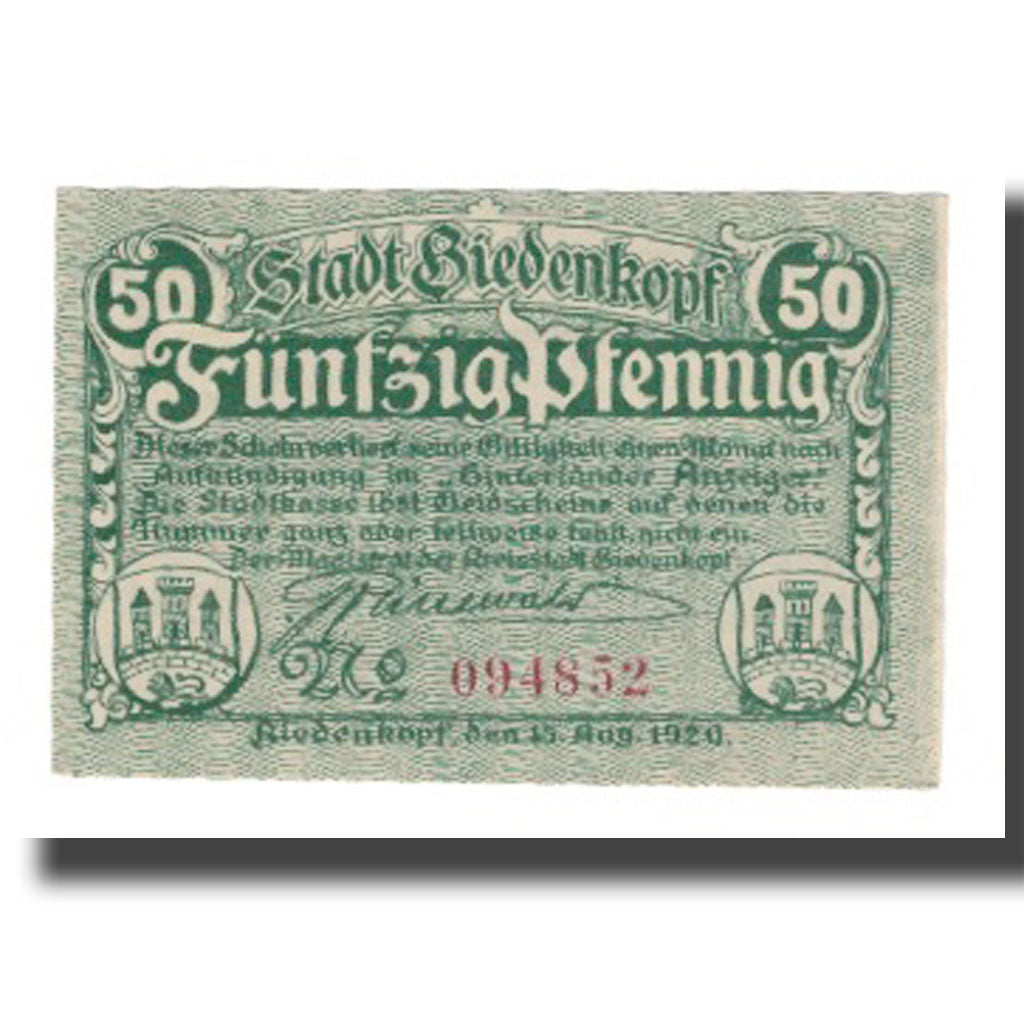 Geldschein, Deutschland, Biedenkopf Stadt, 50 Pfennig, paysage 1, VZ, Mehl:B43.1