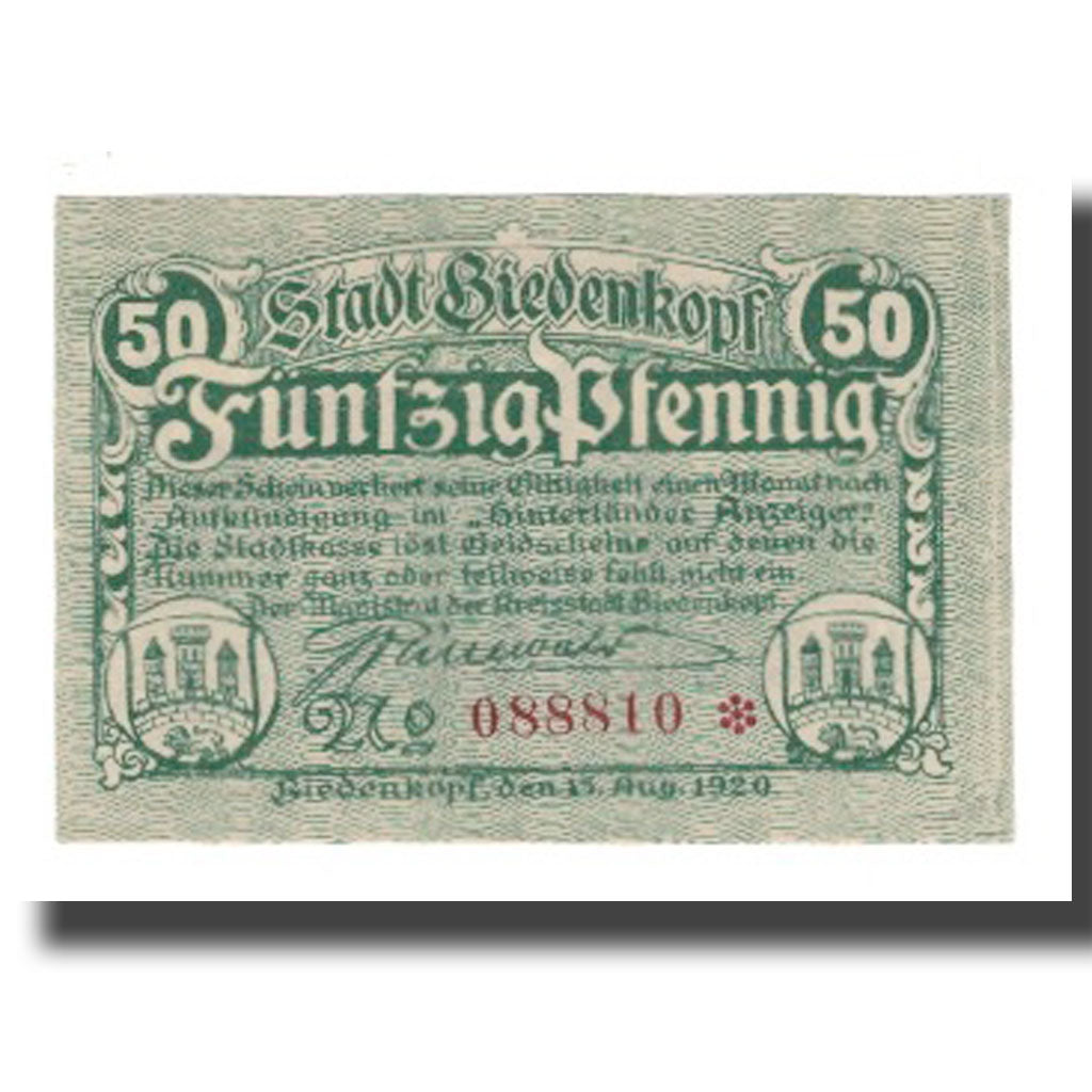 Geldschein, Deutschland, Biedenkopf Stadt, 50 Pfennig, paysage 2, VZ, Mehl:B43.1