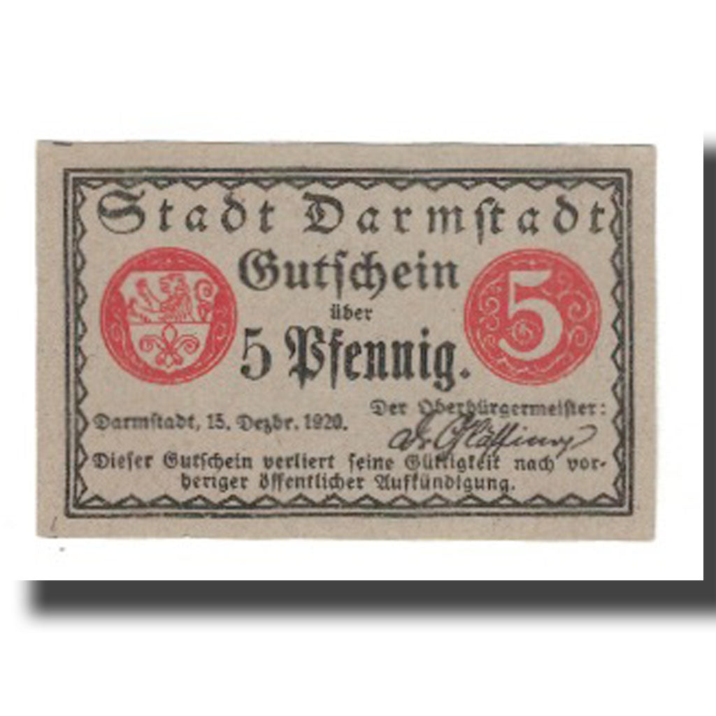 Geldschein, Deutschland, Darmstadt Stadt, 5 Pfennig, Batiment, 1920, 1920-12-15