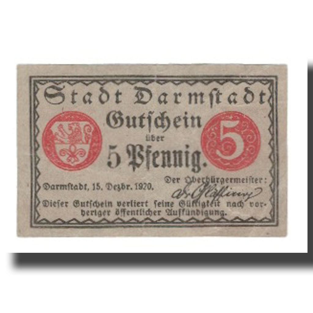 Geldschein, Deutschland, Darmstadt Stadt, 5 Pfennig, batiment 1, 1920