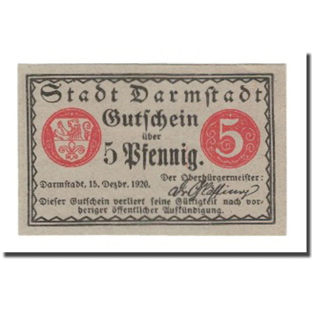 Geldschein, Deutschland, Darmstadt Stadt, 5 Pfennig, batiment 2, 1920