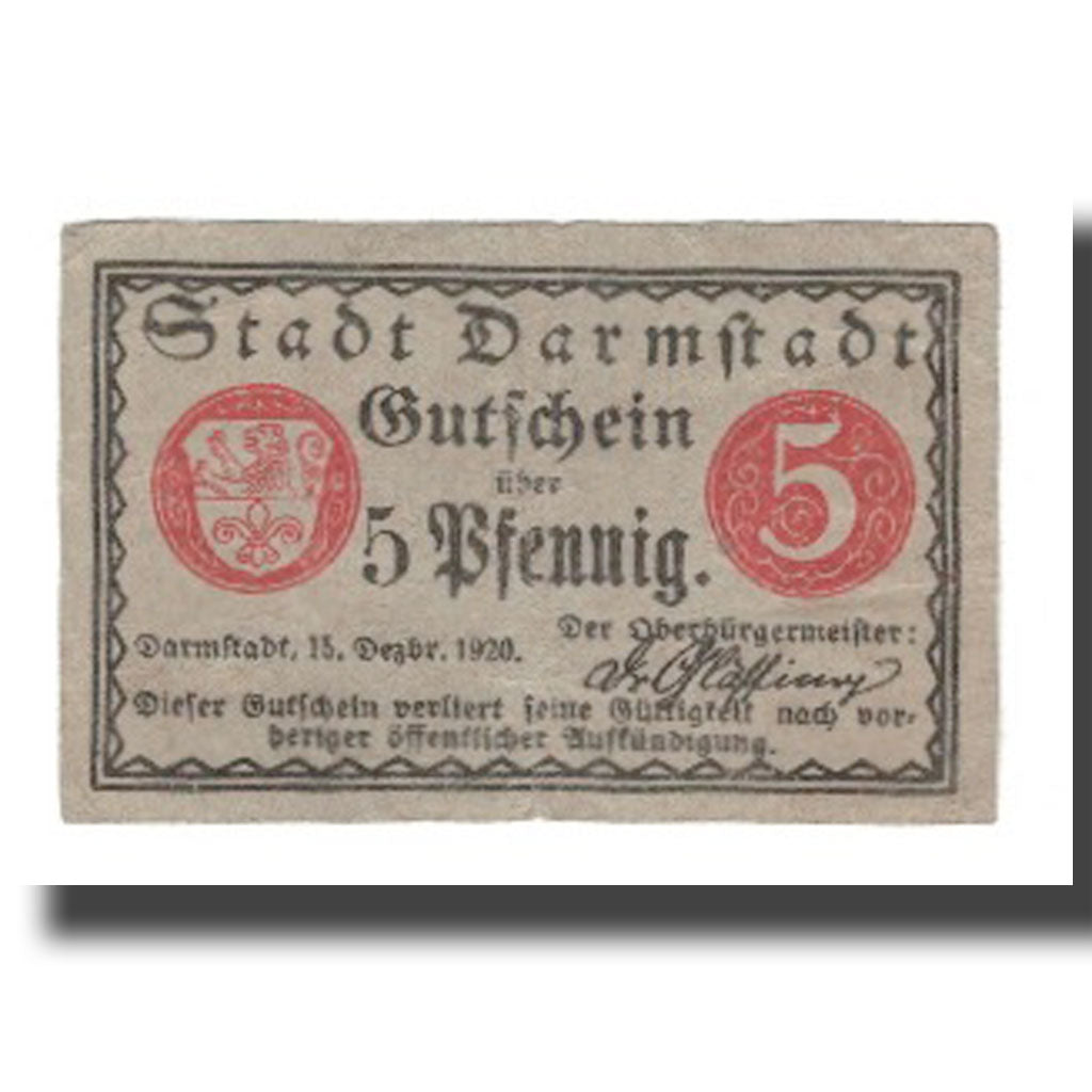 Geldschein, Deutschland, Darmstadt Stadt, 5 Pfennig, batiment 3, 1920