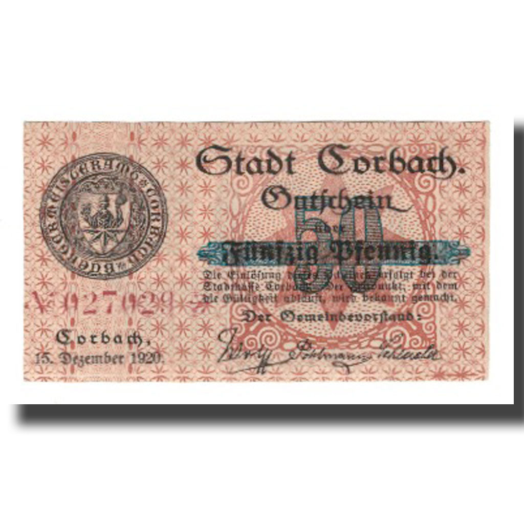 Geldschein, Deutschland, Corbach Stadt, 50 Pfennig, Eglise, 1920, 1920-12-15