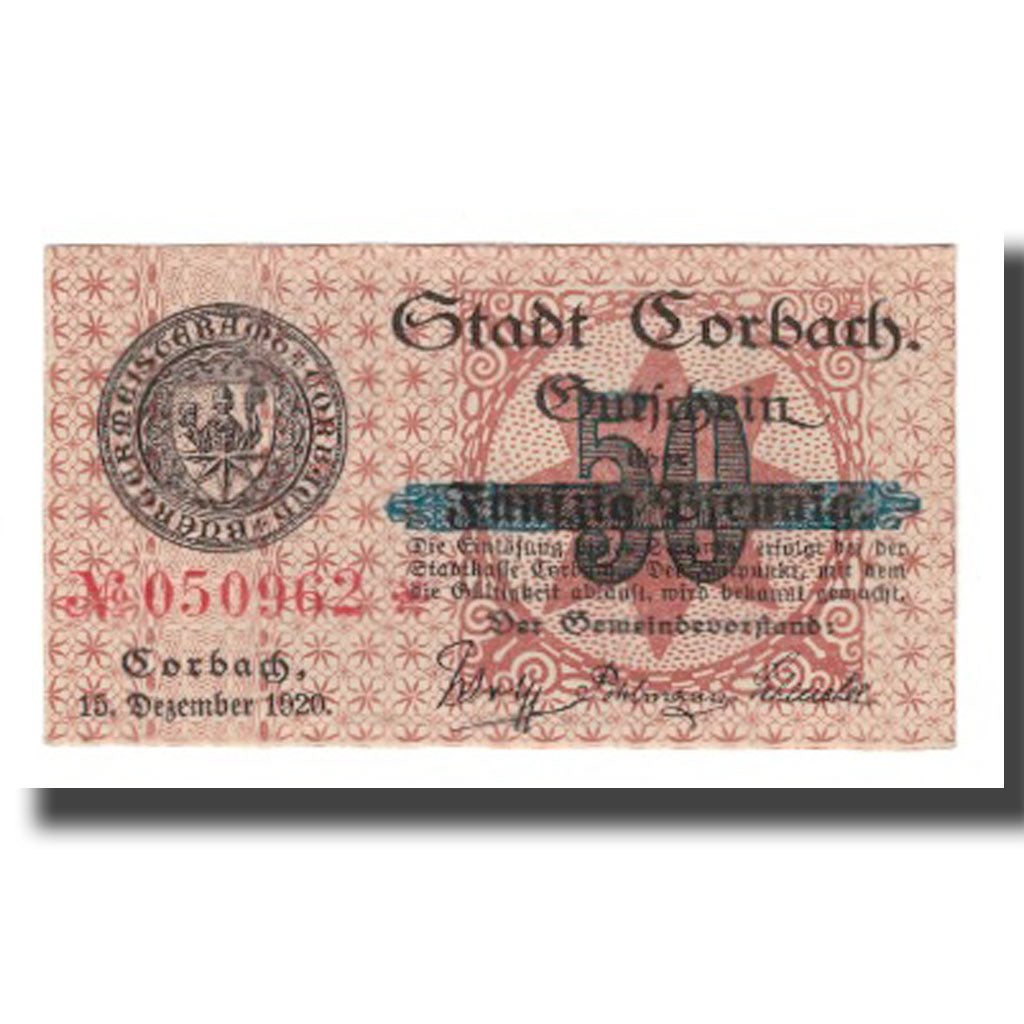Geldschein, Deutschland, Corbach Stadt, 50 Pfennig, Eglise 1, 1920, 1920-12-15