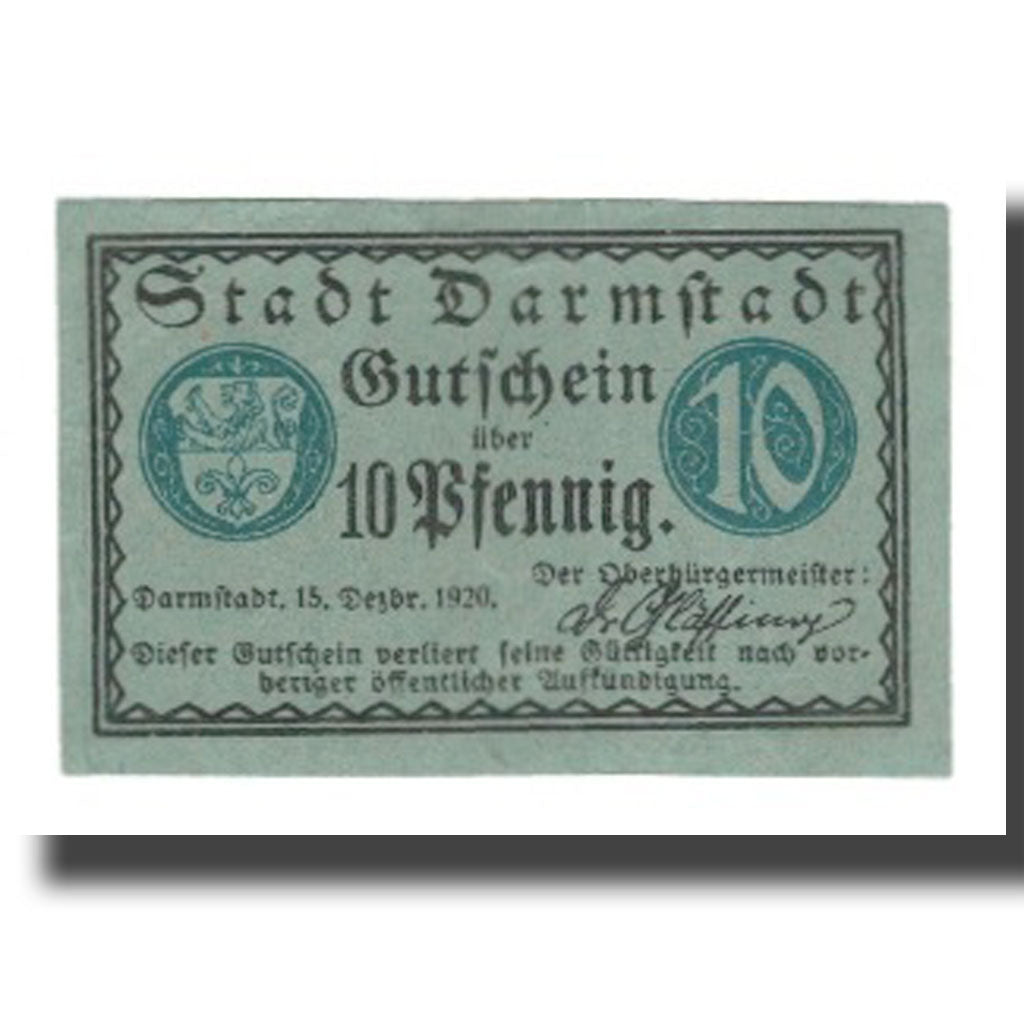 Geldschein, Deutschland, Darmstadt Stadt, 10 Pfennig, batiment 1, 1920