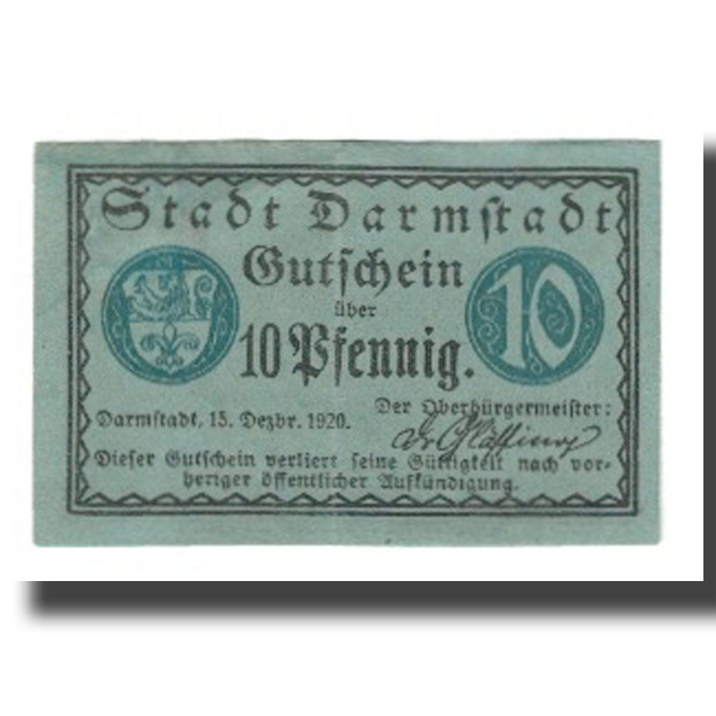 Geldschein, Deutschland, Darmstadt Stadt, 10 Pfennig, batiment 2, 1920