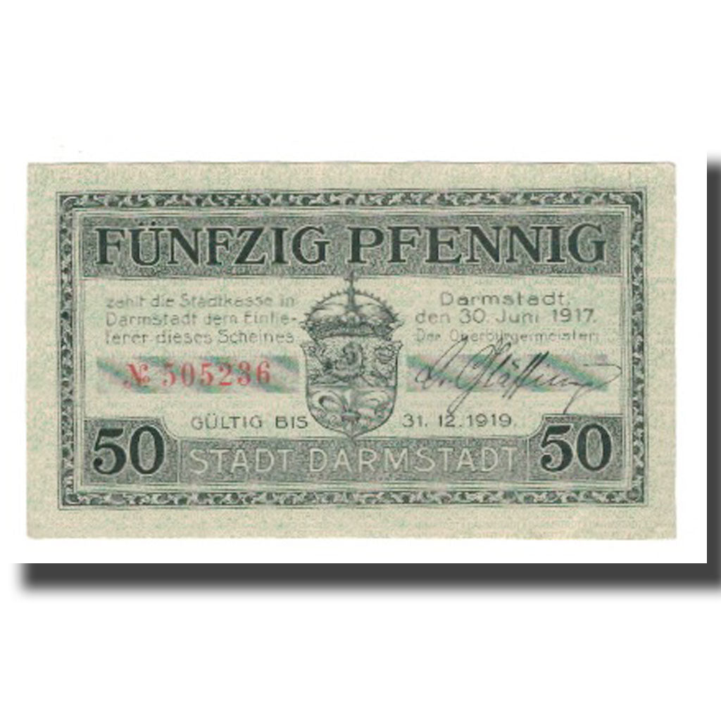 Banconote, Germania, Darmstadt Stadt, 50 Pfennig, Monument, 1919, 1919-02-01