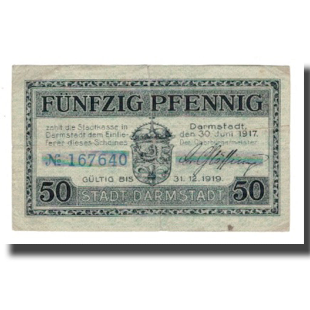 Banconote, Germania, Darmstadt Stadt, 50 Pfennig, monument 1, 1919, 1919-02-01