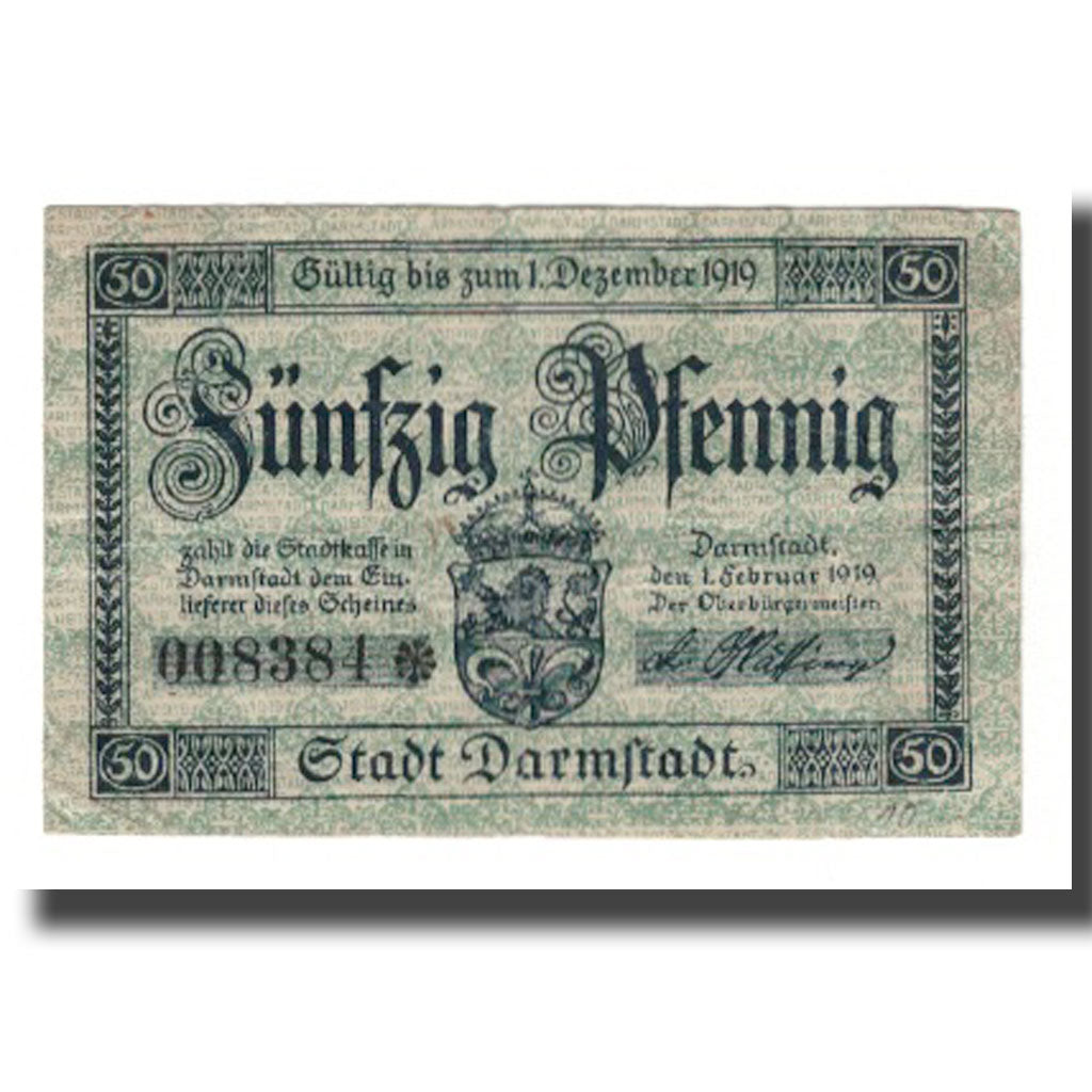 Banconote, Germania, Darmstadt Stadt, 50 Pfennig, Batiment, 1919, 1919-02-01