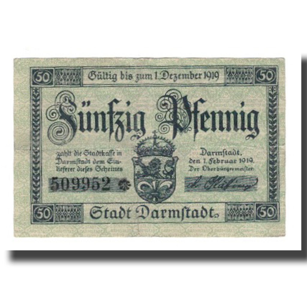 Banconote, Germania, Darmstadt Stadt, 50 Pfennig, batiment 1, 1919, 1919-02-01