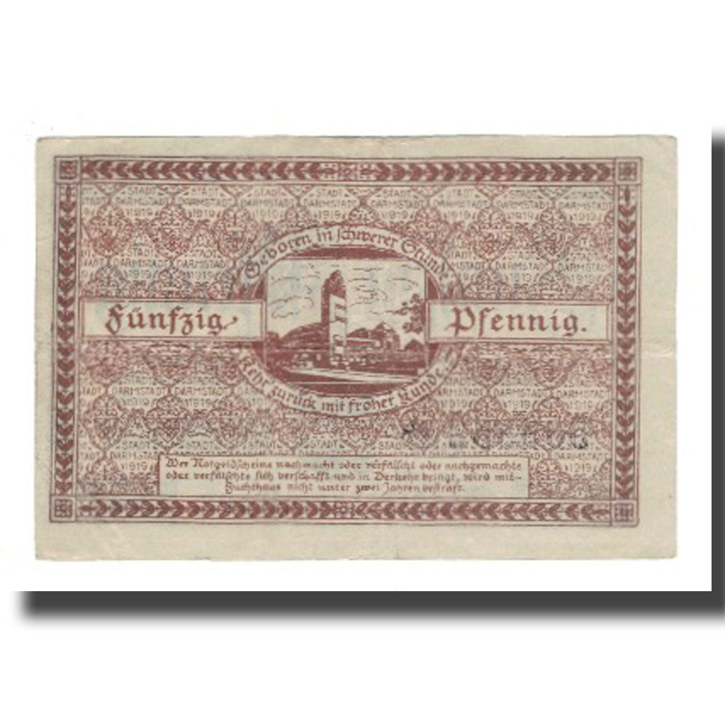 Banconote, Germania, Darmstadt Stadt, 50 Pfennig, batiment 1, 1919, 1919-02-01