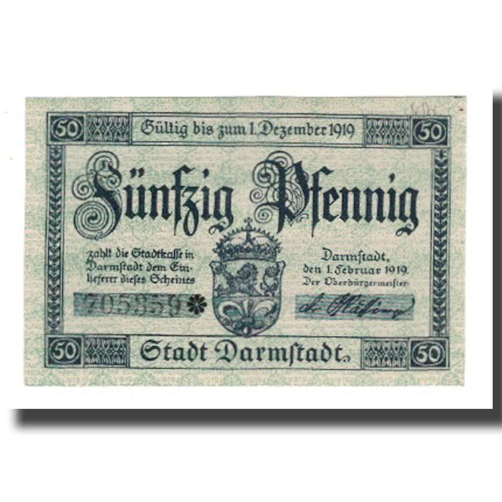 Banconote, Germania, Darmstadt Stadt, 50 Pfennig, batiment 2, 1919, 1919-02-01