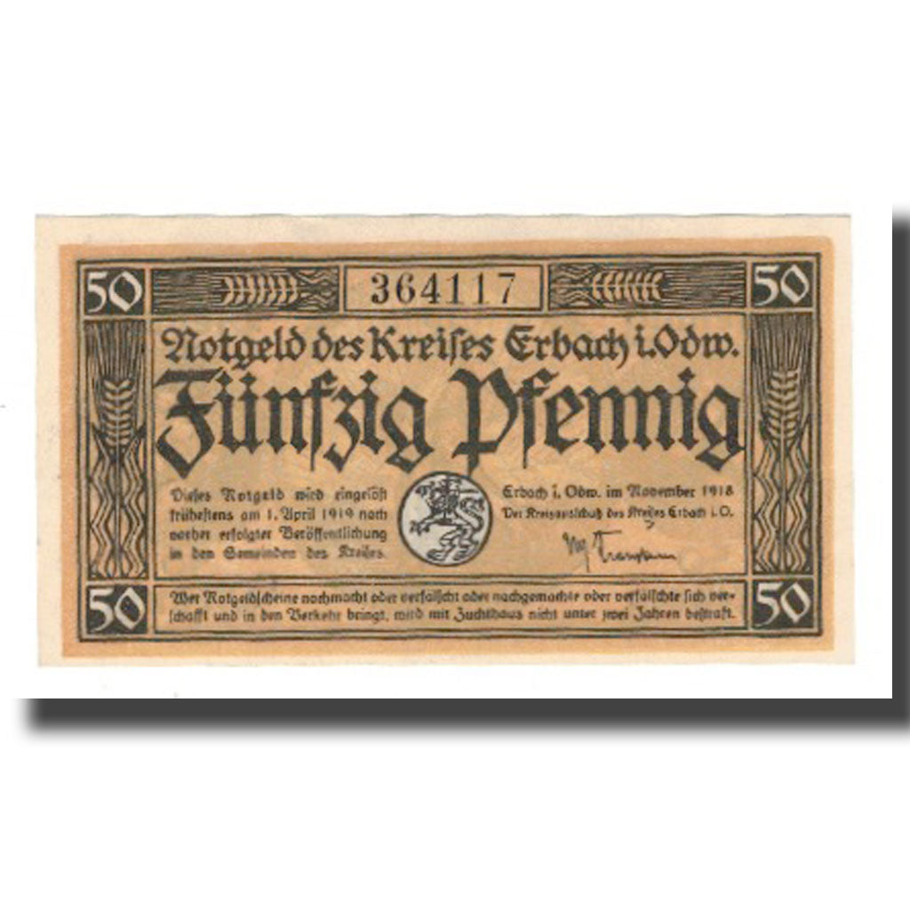 Geldschein, Deutschland, Erbach im Odenwald Kreis, 50 Pfennig, personnage, 1919
