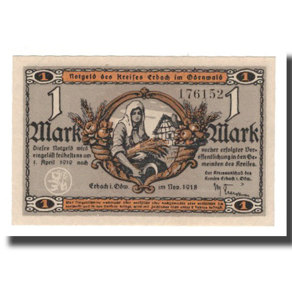 Geldschein, Deutschland, Erbach im Odenwald Kreis, 1 Mark, Maison, 1919