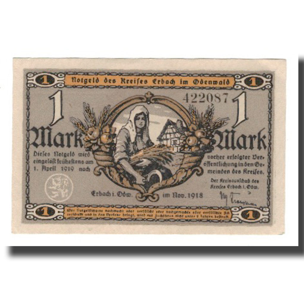 Geldschein, Deutschland, Erbach im Odenwald Kreis, 1 Mark, maison 1, 1919