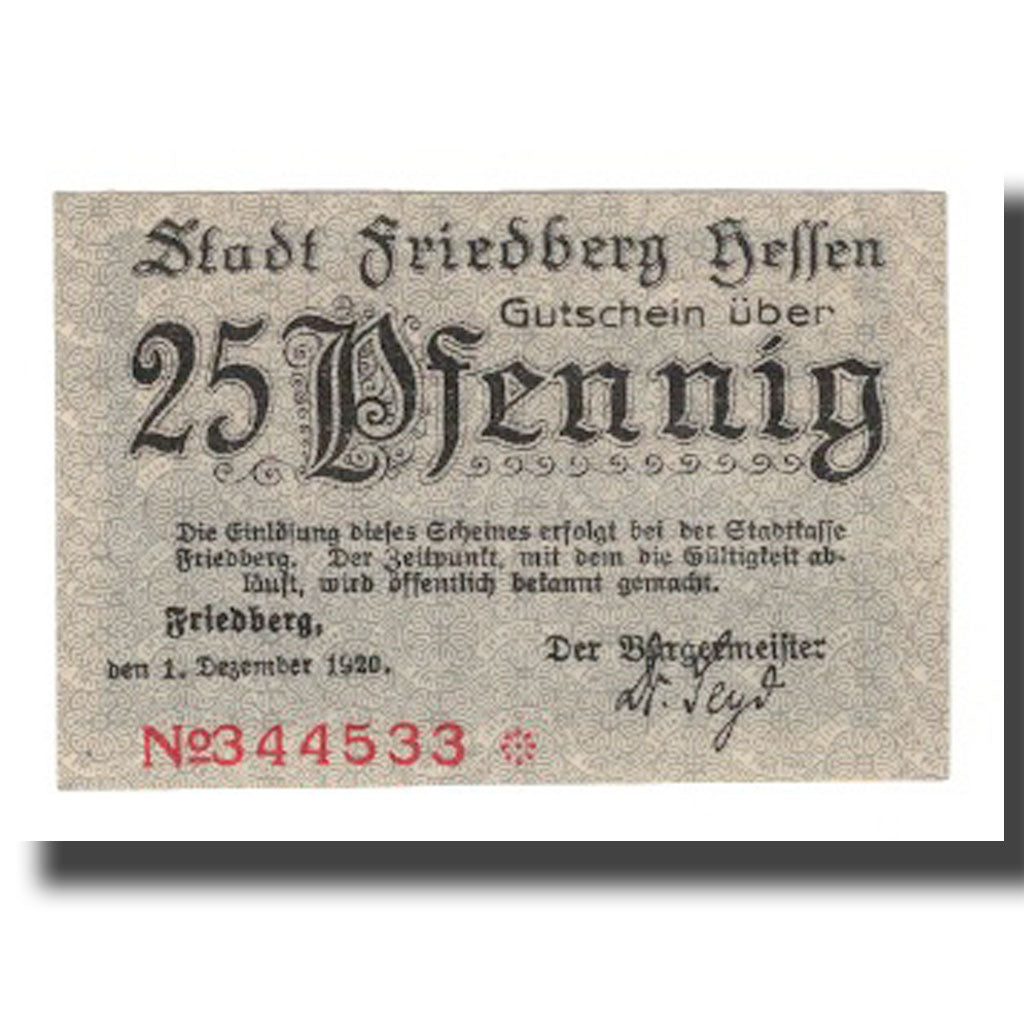 Geldschein, Deutschland, Friedberg Stadtkasse, 25 Pfennig, Pont 3, 1919