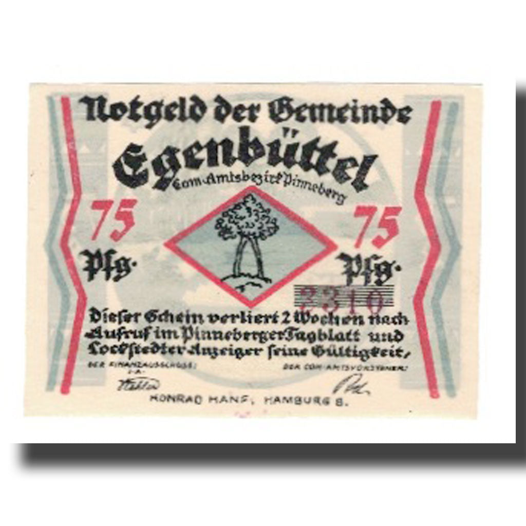 Banknote, Germany, Egenbüttel Gemeinde, 75 Pfennig, Arbres, 1921, AU(55-58)