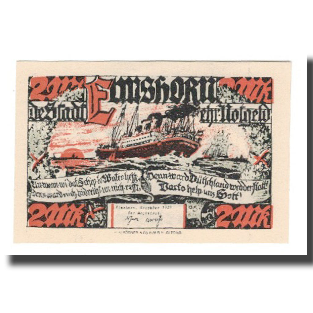 Banknote, Germany, Elmshorn Stadt, 2 Mark, Bateaux, 1921 (1922), AU(55-58)