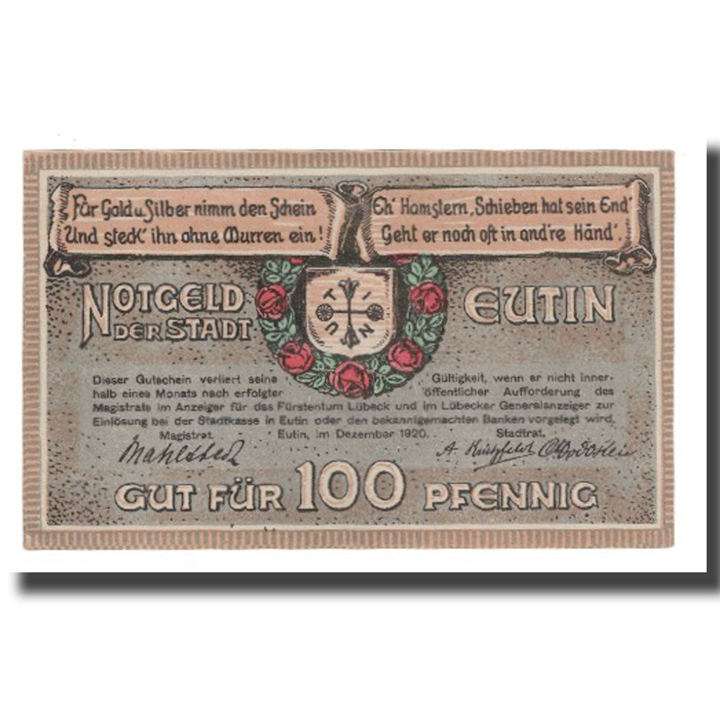 Banknote, Germany, Eutin Stadt, 100 Pfennig, paysage, 1920, AU(55-58)