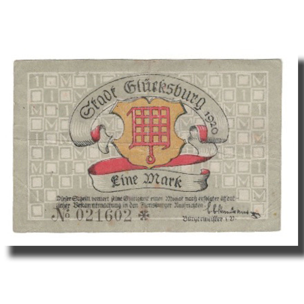 Banknot, Niemcy, Glücksburg Stadt, 1 Mark, paysage, 1920, VF(20-25), Mehl:441.1