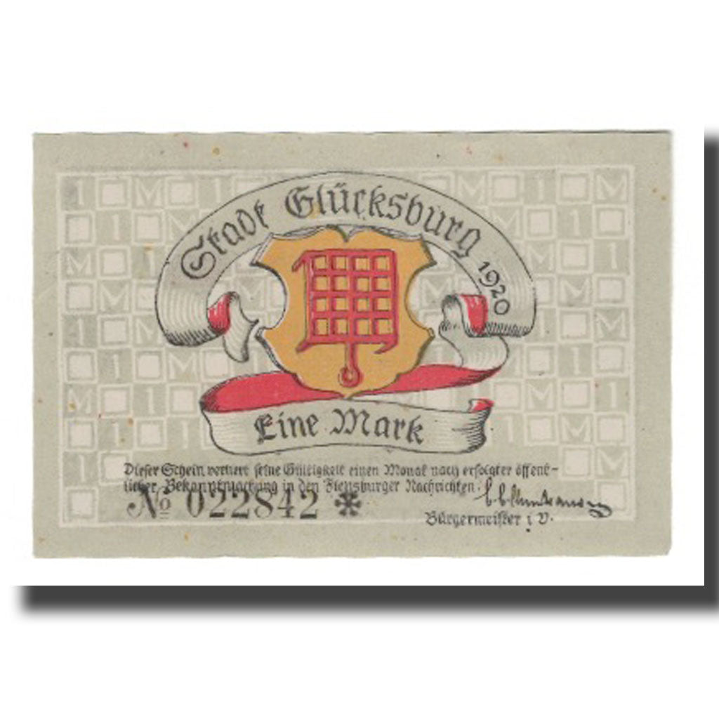 Geldschein, Deutschland, Glücksburg Stadt, 1 Mark, paysage 4, 1920, VZ