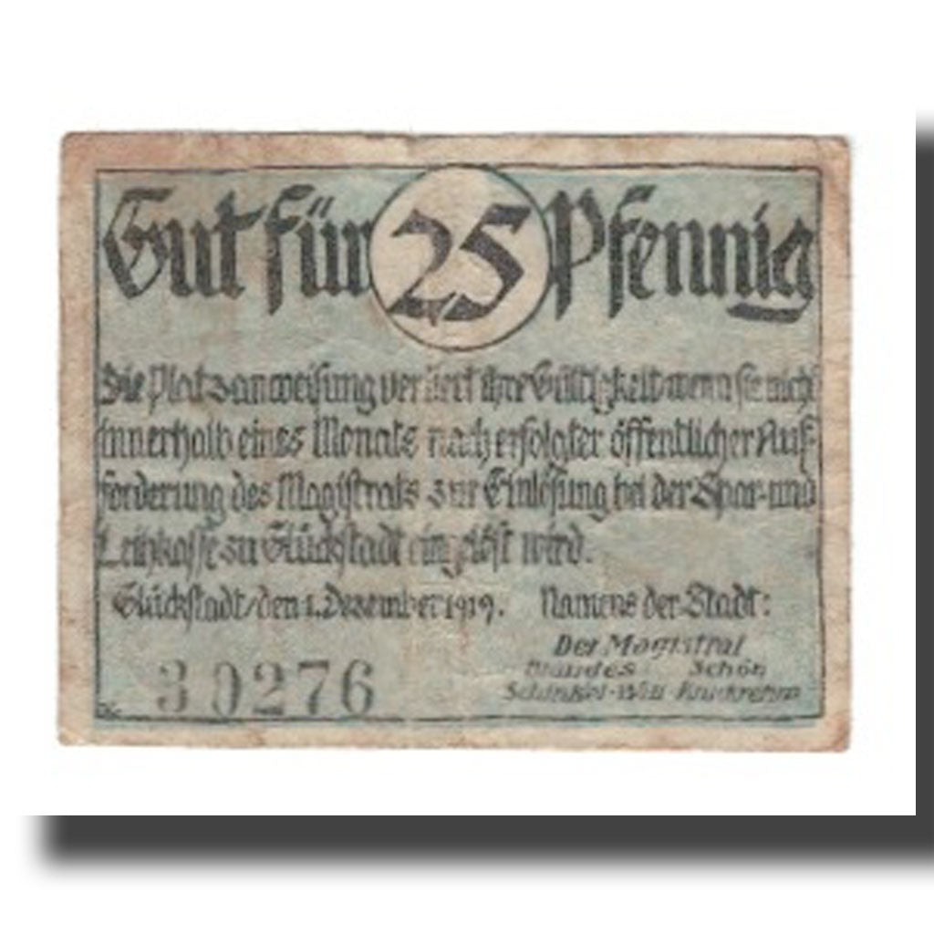 Geldschein, Deutschland, Glückstadt Stadt, 25 Pfennig, bateau, 1919