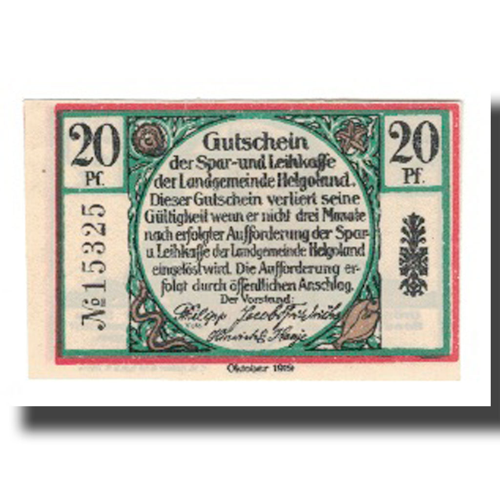 Banknote, Germany, Helgoland Spar & Leihkasse der Landgemeinde, 20 Pfennig