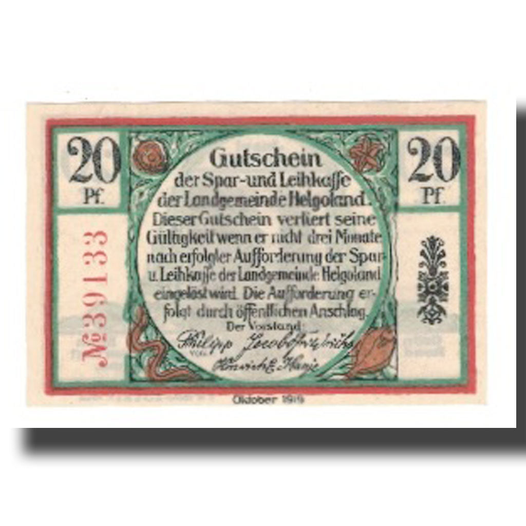 Banknote, Germany, Helgoland Spar & Leihkasse der Landgemeinde, 20 Pfennig