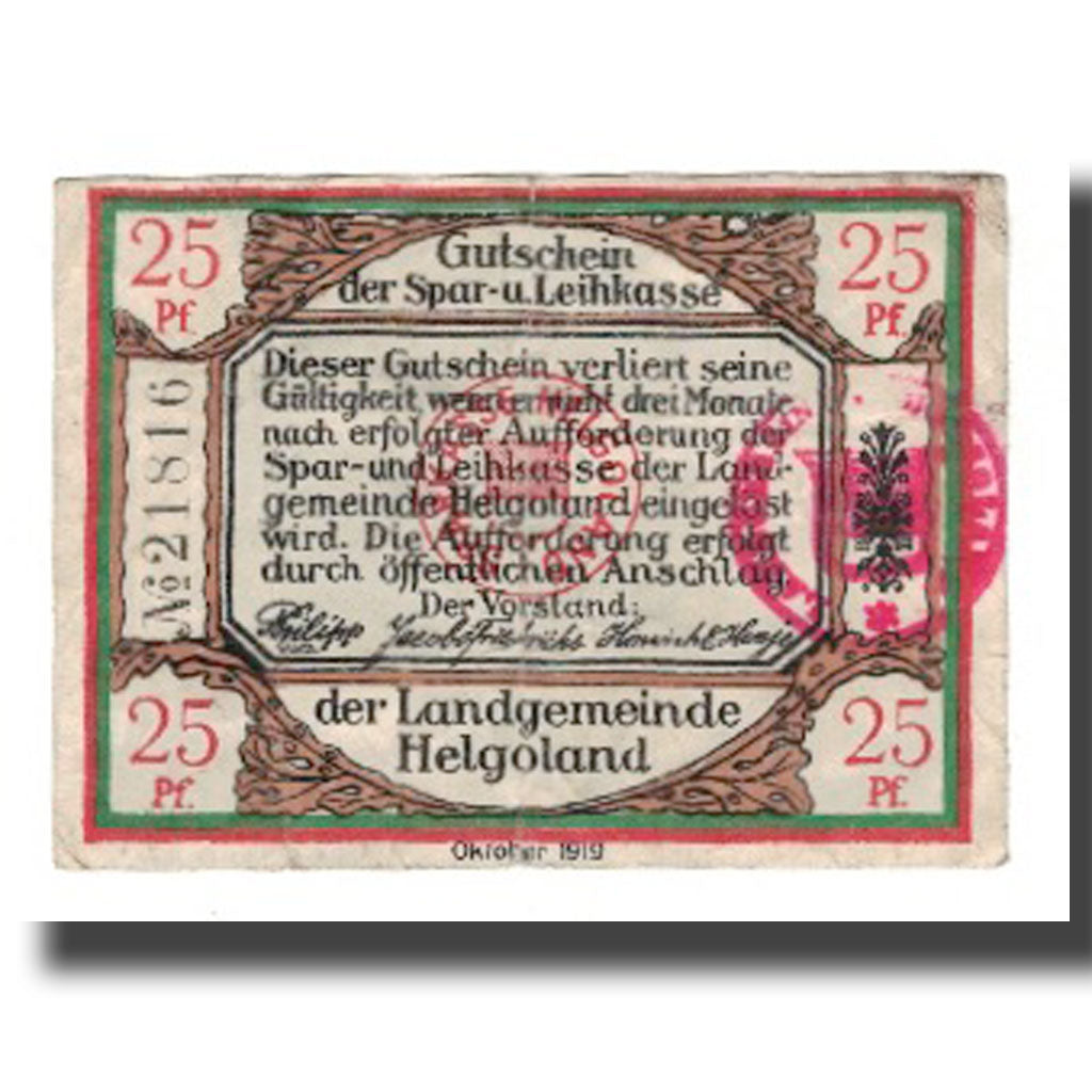 Banknote, Germany, Helgoland Spar & Leihkasse der Landgemeinde, 25 Pfennig