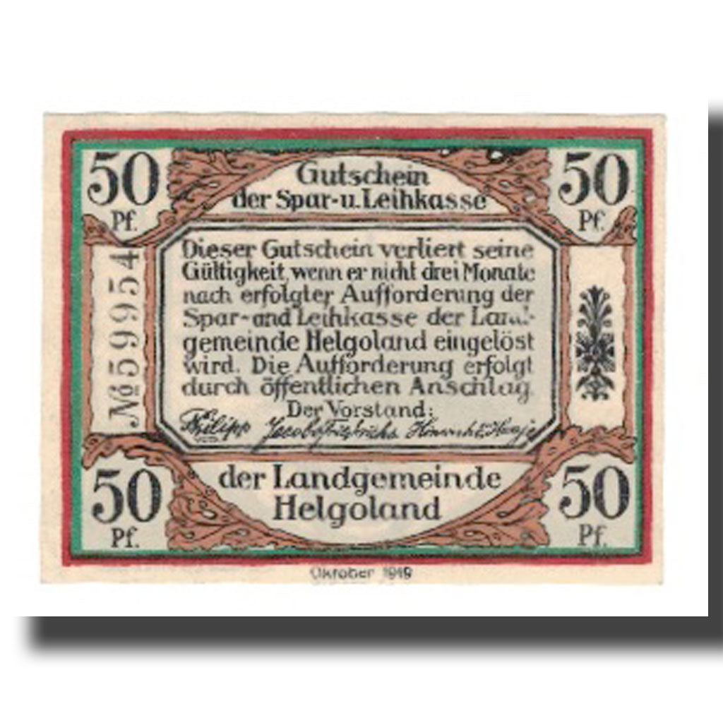 Banknote, Germany, Helgoland Spar & Leihkasse der Landgemeinde, 50 Pfennig