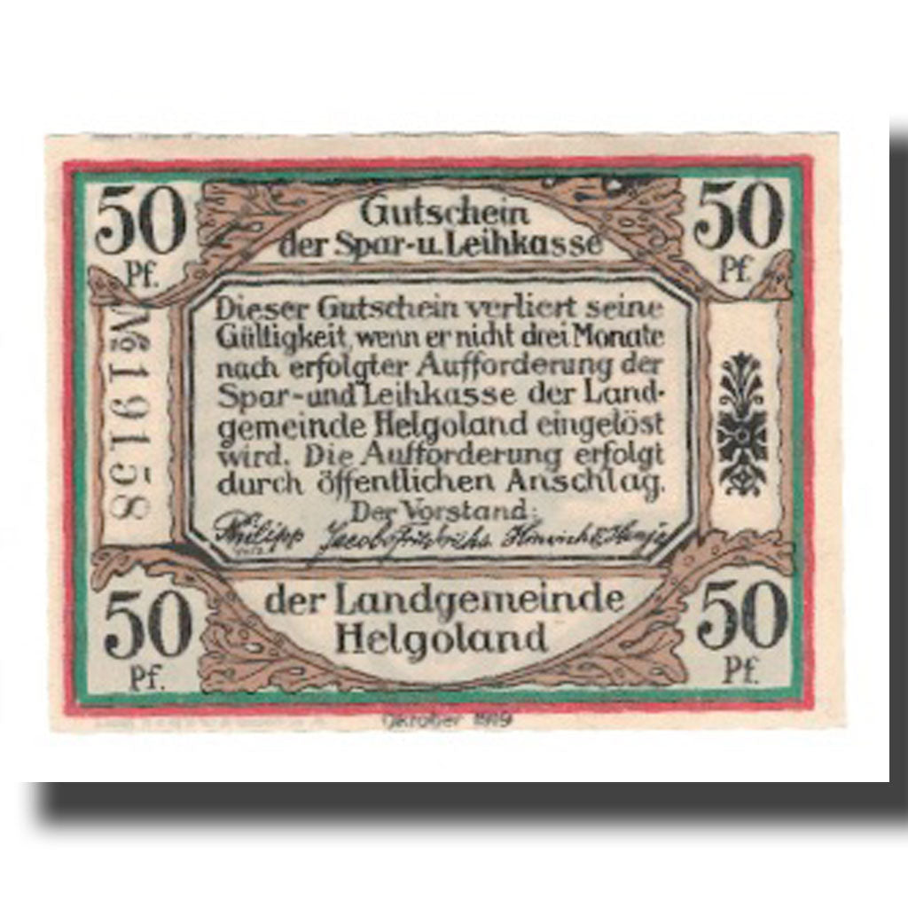 Billet, Allemagne, Helgoland Spar & Leihkasse der Landgemeinde, 50 Pfennig