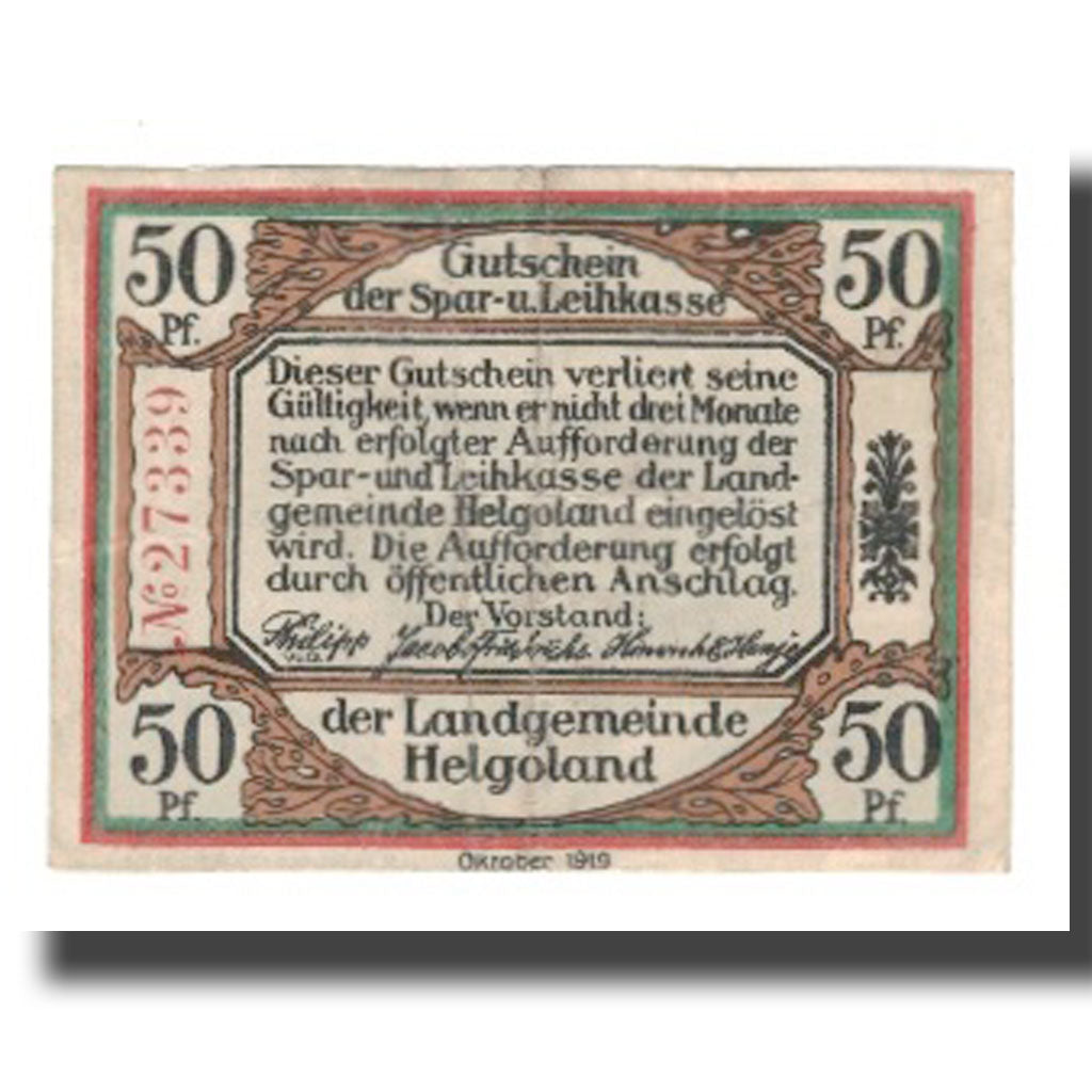 Banknote, Germany, Helgoland Spar & Leihkasse der Landgemeinde, 50 Pfennig