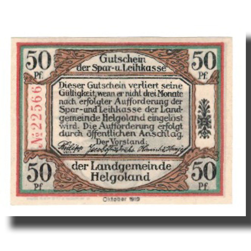 Banknote, Germany, Helgoland Spar & Leihkasse der Landgemeinde, 50 Pfennig
