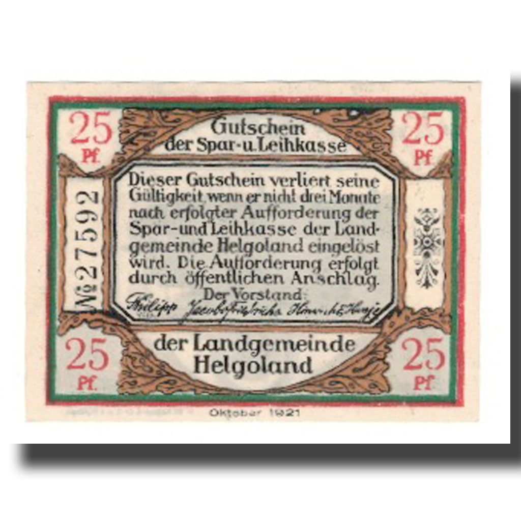 Banknote, Germany, Helgoland Spar & Leihkasse der Landgemeinde, 25 Pfennig