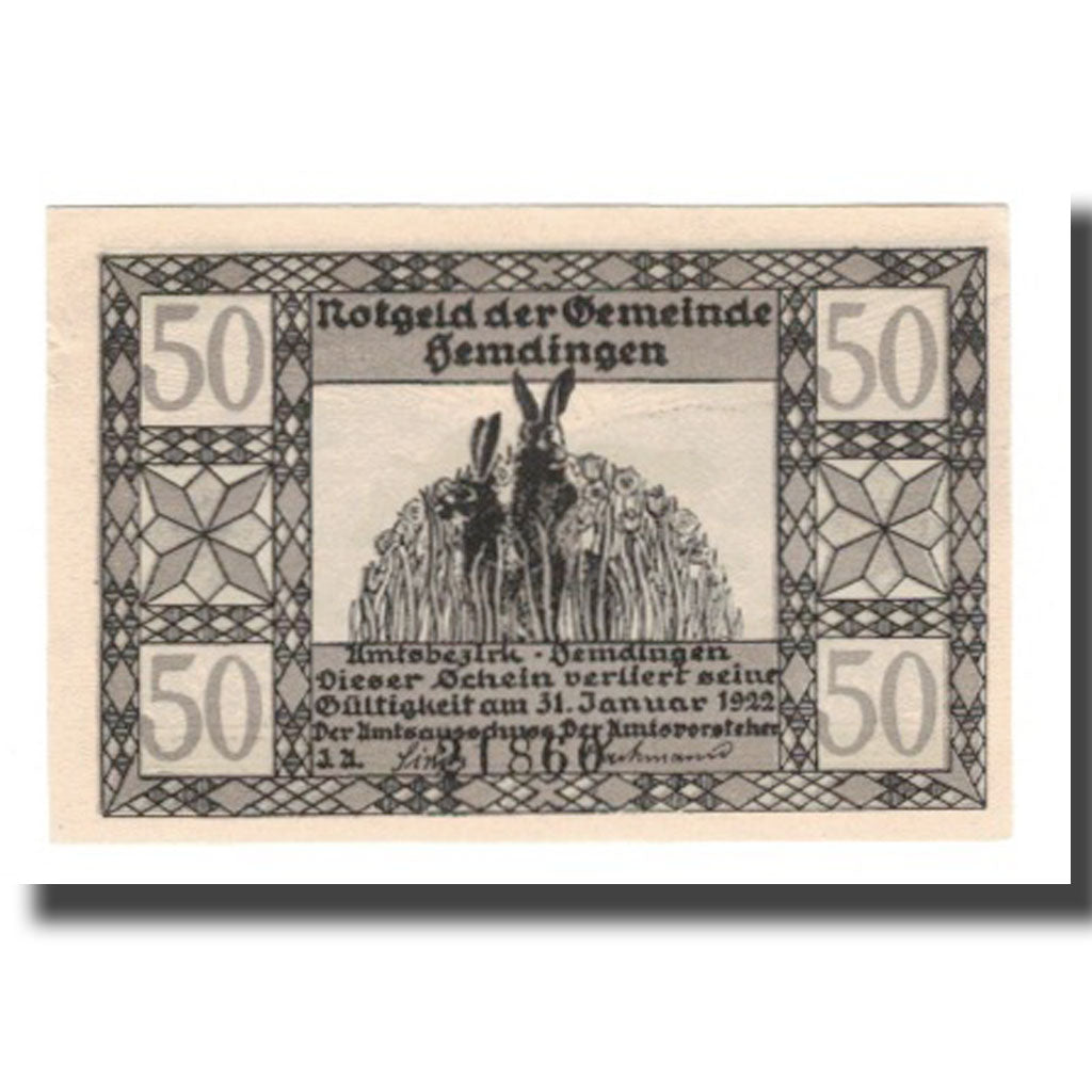 Banknote, Germany, Hemdingen Gemeinde, 50 Pfennig, Lièvre, 1922, 1922-01-31