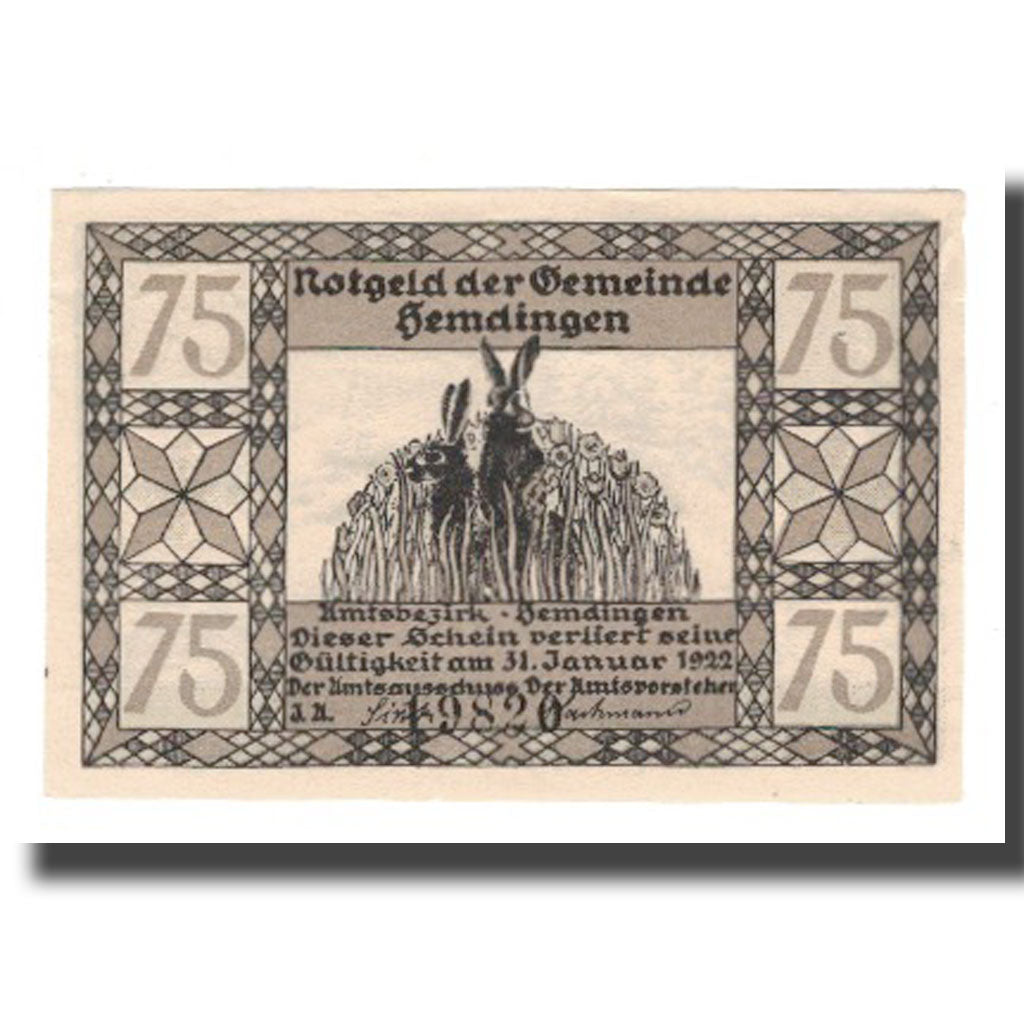 Banknote, Germany, Hemdingen Gemeinde, 75 Pfennig, sanglier, 1922, 1922-01-31