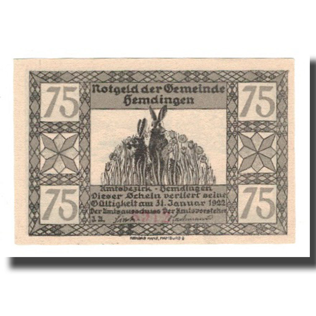 Banconote, Germania, Hemdingen Gemeinde, 75 Pfennig, Sanglier 1, 1922