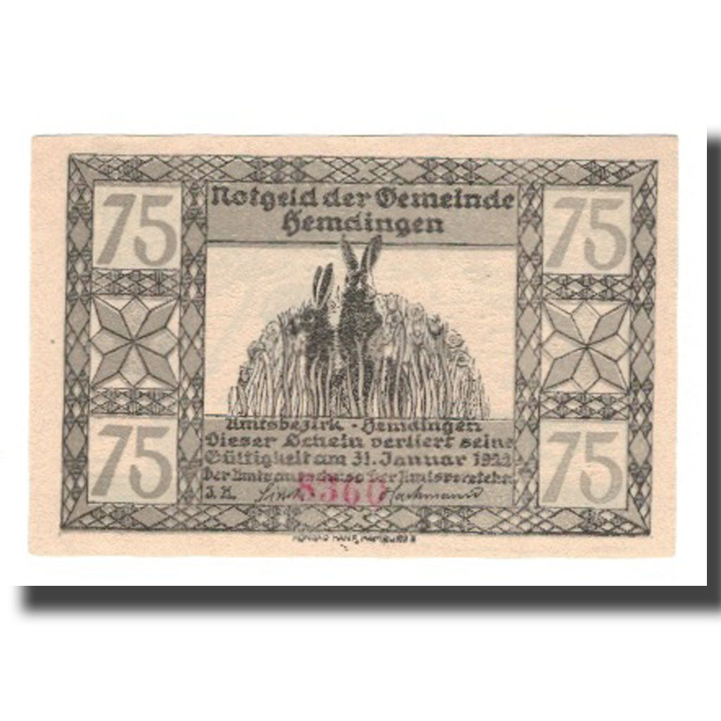 Banconote, Germania, Hemdingen Gemeinde, 75 Pfennig, Biches, 1922, 1922-01-31
