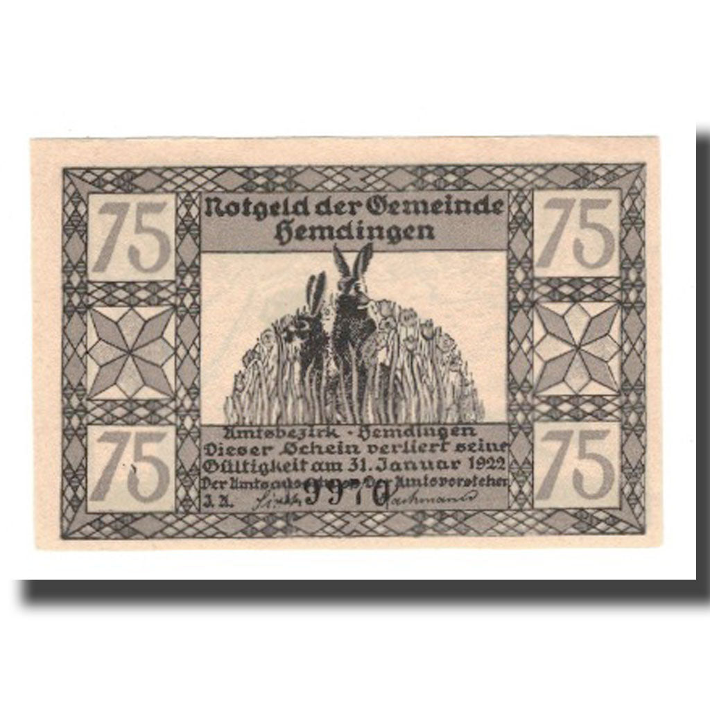Banknote, Germany, Hemdingen Gemeinde, 75 Pfennig, Biches 1, 1922, 1922-01-31