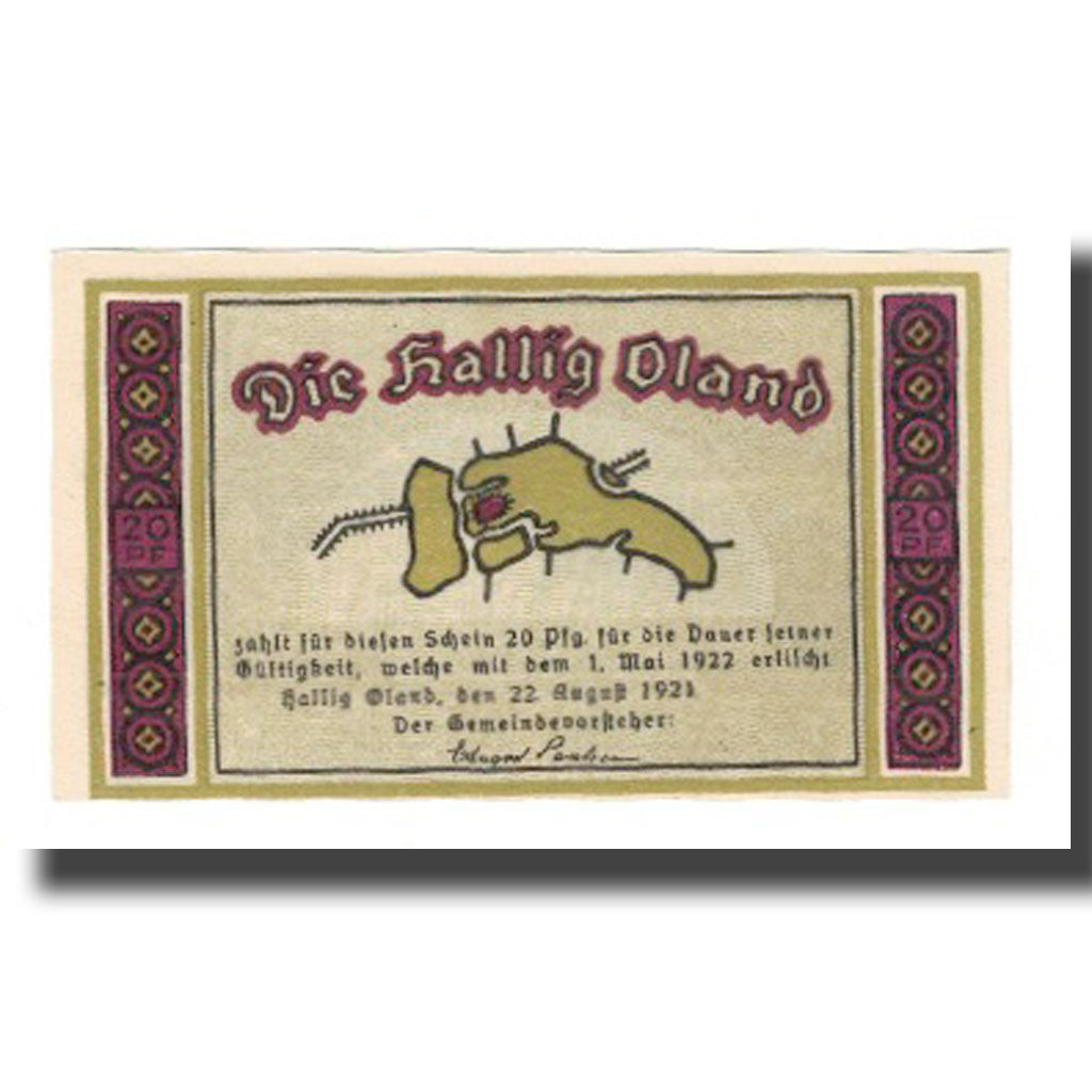 Banconote, Germania, Oland, Hallig Gemeinde, 20 Pfennig, paysage, 1922